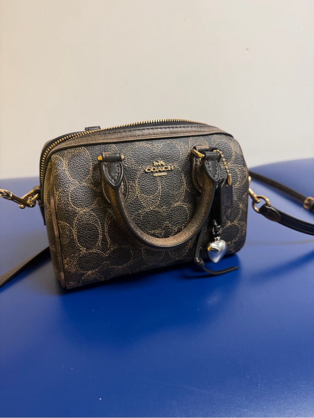 Coach Rowan Brown Signature Mini Crossbody Satchel with Heart Charm